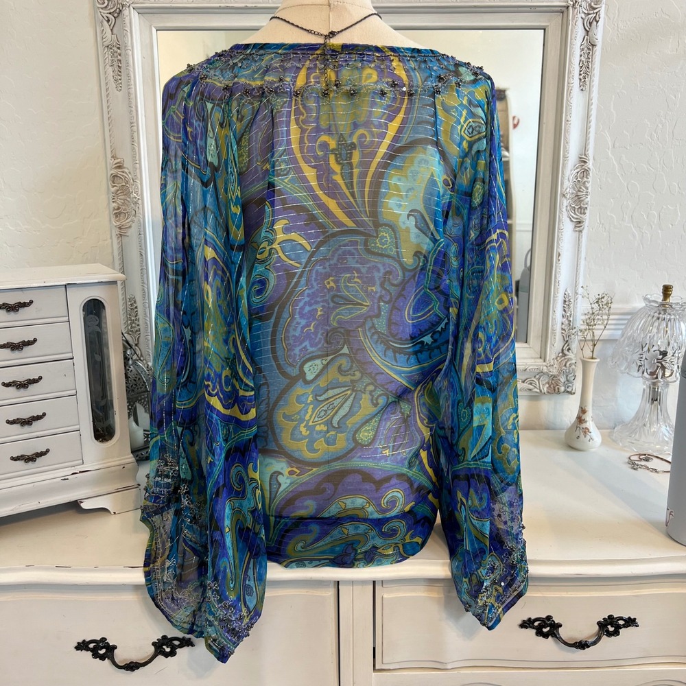vintage cache silk beaded paisley patterned batwing long sleeve top - Picture 4 of 5